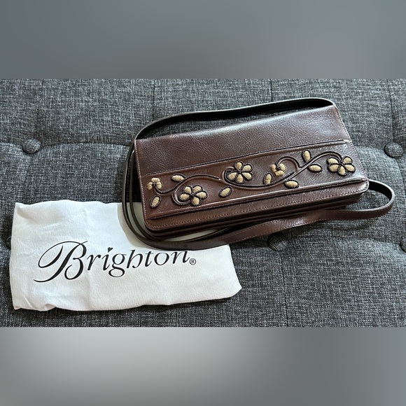 Brighton Convertible Clutch or Crossbody Bag, Rare, Floral Stitched and Beaded - Picture 1 of 16